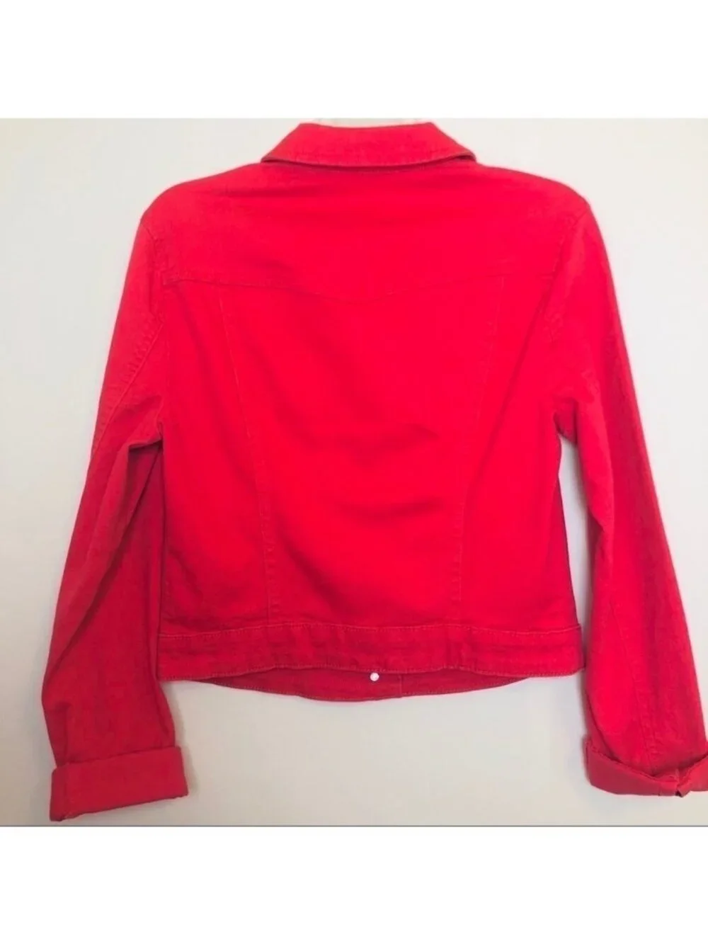 Elle Denim Jean Jacket Womens Small Coral Pink Button Down Pockets Long Sleeve